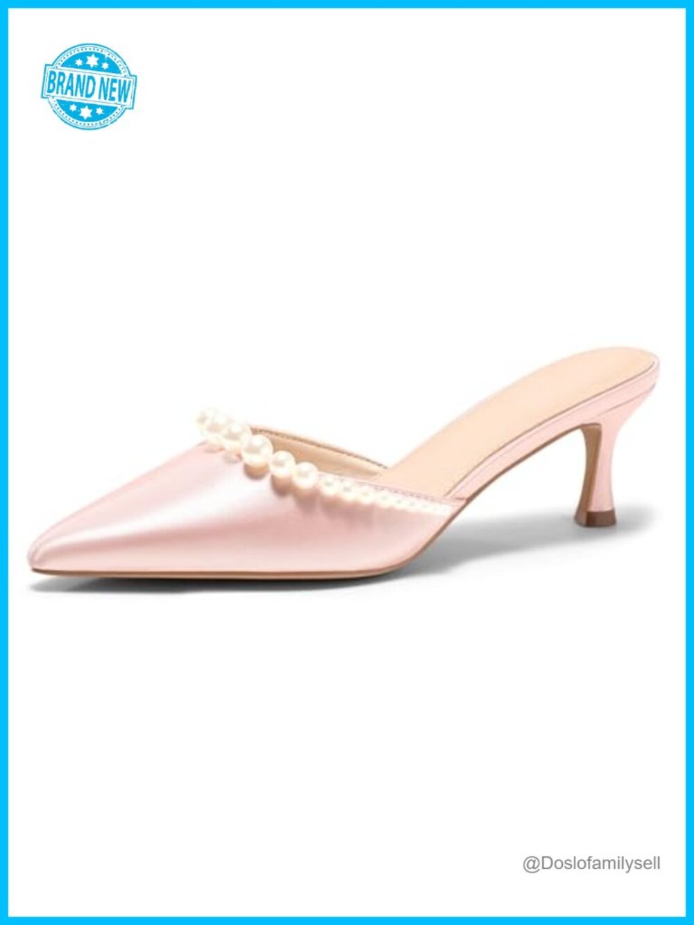 Coutgo Pearl Satin Kitten Heel Pointed Toe Ankle Strap Bridal Pumps